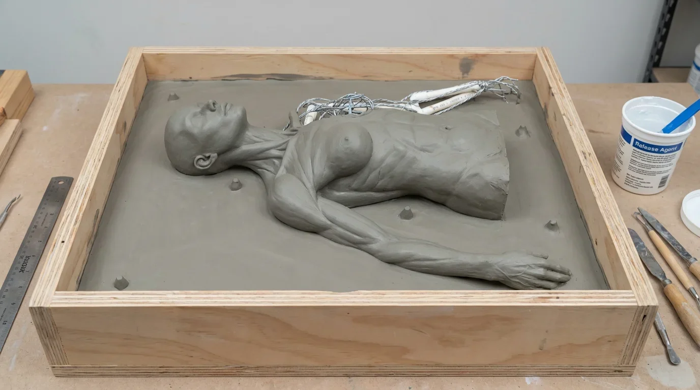 泥塑原型躺在一個木製或壓克力製成的模具箱中。身體的一半被埋在平整的黏土床中（用於製作分模線），準備澆注第一層模具矽膠。看起來非常精密和幾何化。